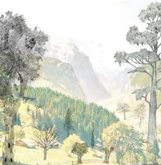 Kleurentekening van bomen in berglandschap